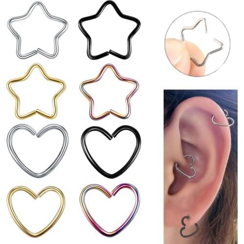 2021 Punk 1Pc Stainless Steel Piercing Earrings Heart/Star Shaped Cartilage Tragus Daith Conch Lobe Ear Piercing Body Jewelry