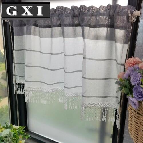 Grey Striped Kitchen Short Curtains Sheer Cafe Curtain Half Window Drapes Short Living Room Small Tulle Decor