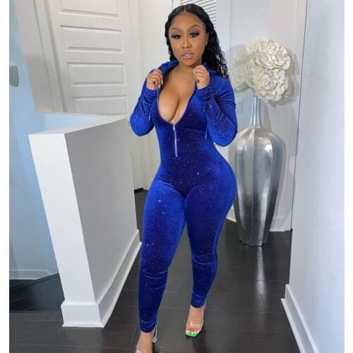 SEASONS Velvet Bling Glitter Sequin Women Long Sleeve Jumpsuit Hoodie Zipper Bodycon Sexy 2020 Autumn Winter Romper ASJU82190