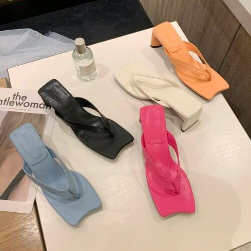 Summer New Clip Toe High Heels Slippers Women Square Toe Slides Ladies Flip Flops Sandals Slip On Mules Shoes Female