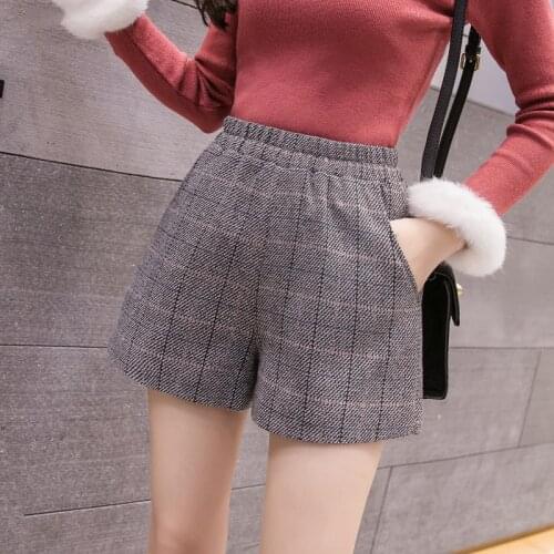 S-2xl Retro Plaid Woolen Shorts For Women 2020 Autumn Winter High Waisted Shorts For Women Elastic Waist Booty Shorts Women For
