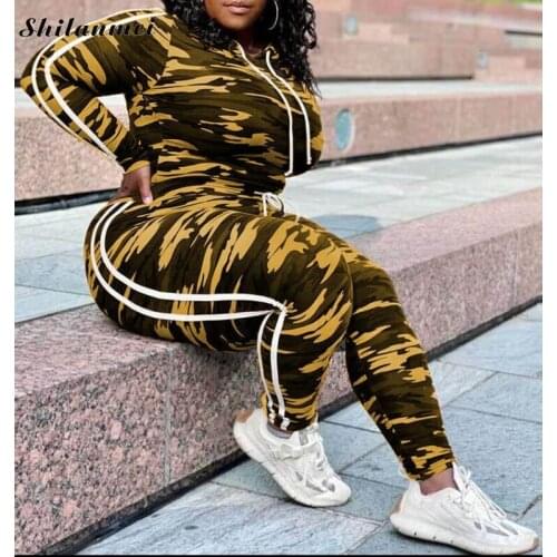 Plus Size 2 Piece Set 4XL Camo Printed Tracksuit Women Sport Clothing Fall Winter Long Sleeve Hooded Top Pants Suit Jogger Sets