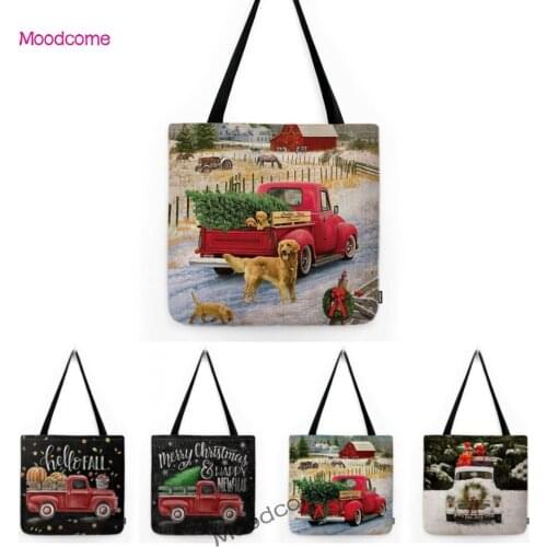 Black Red Merry Christmas Car Truck Oil Painting Xmas Dog Grocery Shopping Bag Waterproof Cotton Linen Shopper Shoulder Tote Bag
