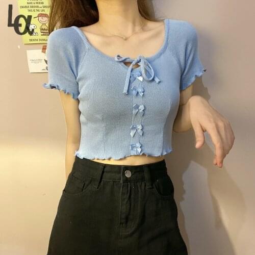 Luck A Knitted T Shirt Tie Lace-up Bow Design Sexy Crop Top Casual Square Collar Short Sleeve T-shirt Summer Cloths for Women