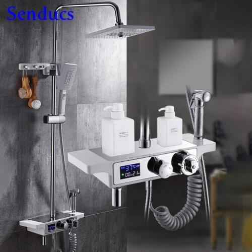 Bathroom Shower System Senducs White Chrome Digital Shower Mixer Set Rainfall Shower Head Luxury Thermostatic Shower Set