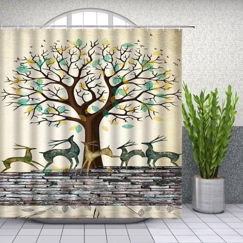 Cartoon Landscape Big Tree Fallen Leaves Deer Shower Curtains Bathroom Decor Waterproof Polyester Cloth Curtain Set Cheap