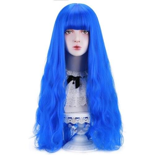 AICKER Long Wavy Synthetic copper red,Dark brown, blue Hair Wigs with Bangs for Women Lolita Cosplay Costume Party Halloween