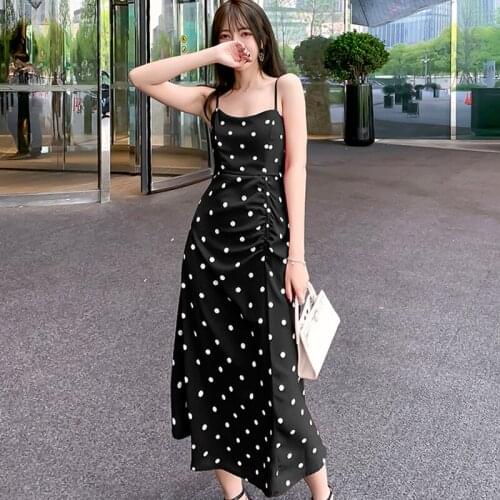 2020 Summer New Dress Womens French Retro Slim Slimming Sleeveless V-Neck High Waist Polka Dot Spaghetti Strap Long Dresses