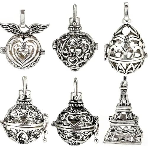 1pc Vintage Silver Tower Heart Wings Ball Lava Rock Aroma Filigree Pendant Essential Oil Diffuser Boho Locket Pendant