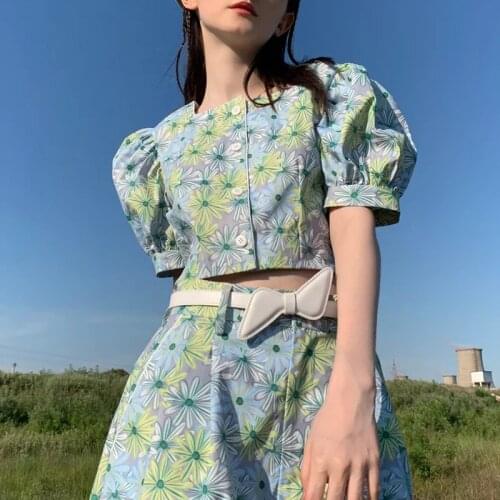 2021 summer new skirt suit urban casual shirt square collar short sleeve printed bubble sleeve high waist wide leg pants