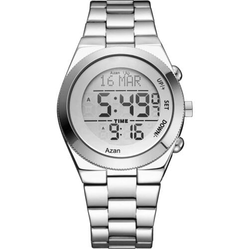 2021 New Arrival Luxury Men Digital Stainless Steel Muslim Prayers Qibla Reminder alfajr Azan Arabic Watch