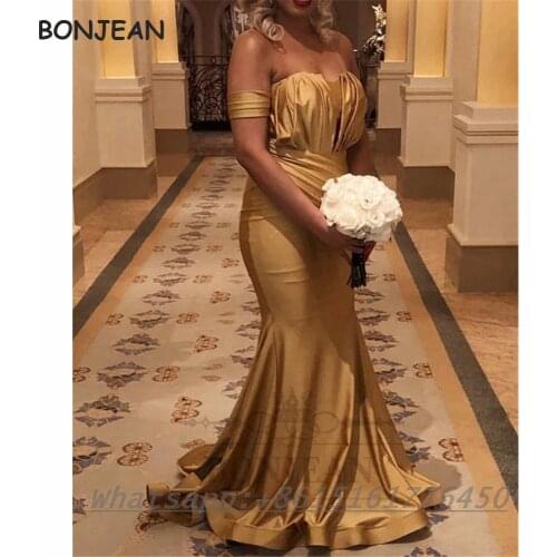 2021 Gold Bridesmaid Dresses Mermaid Black Girls Sweetheart Off-The-Shoulder Satin South African Bridesmaid Dress