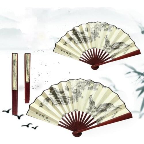 8 Inches Landscape Silk Folding Fan Chinese Style Bamboo Wood Summer Portable Wedding Party Gift Fan Dropshipping