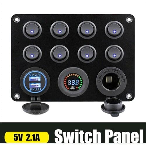 8 Gang Toggle Switch Panel 12V/24V With Dual USB Charger Cigarette Lighter ON/OFF Rocker Switch Colour Voltmeter For Car Boat RV