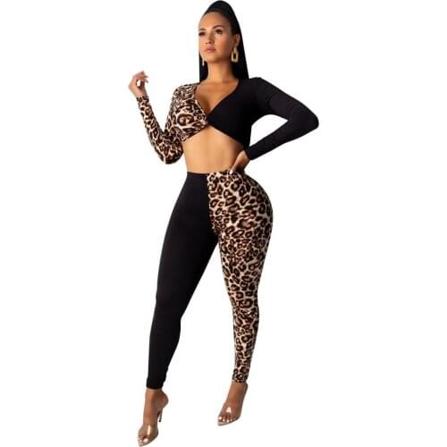 BKLD Leopard Patchwork Women Tracksuit 2 Piece Set Long Sleeve Crop Tops And Pants Clubwear Party Outfits 2019 Women Clothing