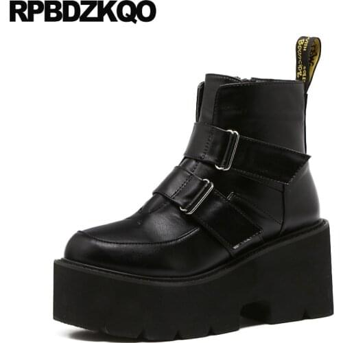 Ankle Muffin Platform High Heel Biker Punk Rock Boots Booties Wedge Round Toe Waterproof Women Motorcycle Black Shoes Harajuku