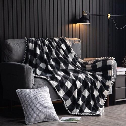 Black Plaid Print Flannel Blanket With Tassel Decorative Ball Children Adult Sofa Throw Blanket For Living Room Bedroom