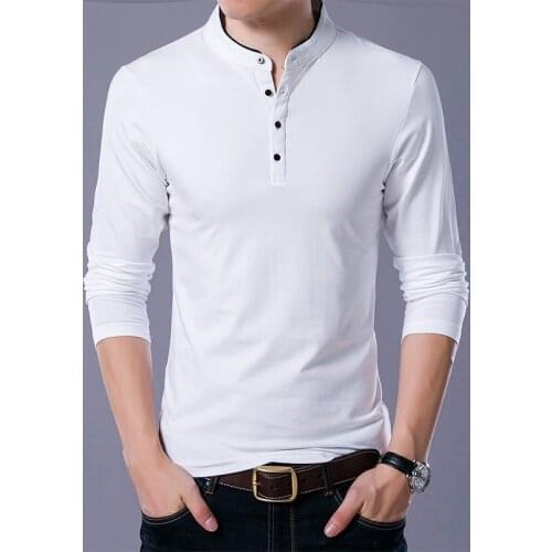 Acacia Person T-Shirt Men 2019 Spring Autumn New 95% Cotton T Shirt Men Solid Color Tshirt Mandarin Collar Long Sleeve Top Tees