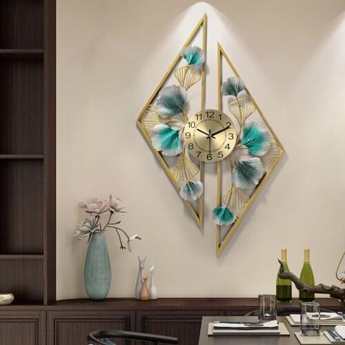 Chinese Ginkgo Leaf Wrought Iron Wall Clocks Wall Murals Home Livingroom Mute Clock Wall Hanging Crafts Wall Sticker Decoration