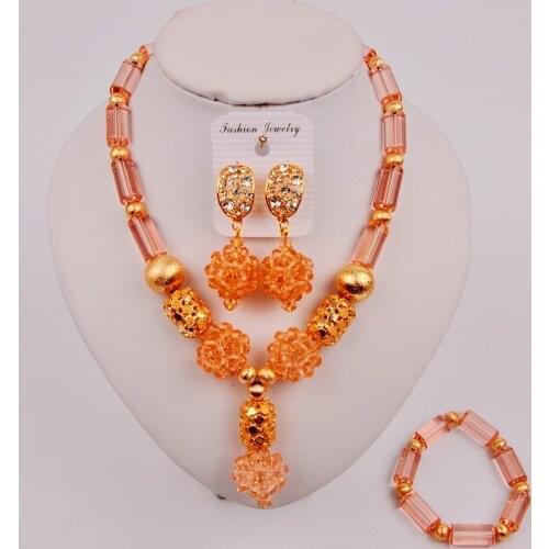 Pretty Peach African Jewelry Set Crystal Nigerian Traditional Wedding Beads Set ZQ-03