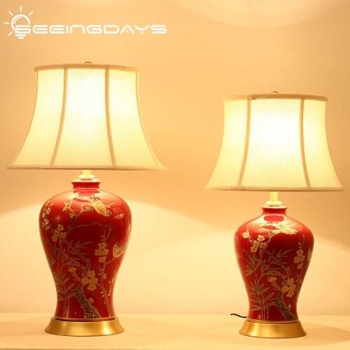 40x68cm New Chinese American Country Style Painted Flower and Bird Red Ceramic Table Lamps For Bedroom Living Room Wedding Room