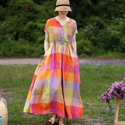 2020 Summer Plus Size Dress Literary Multi Color Plaid Loose V-neck Vestidos Pockets Short Sleeve Collect Waist Elegant Dress