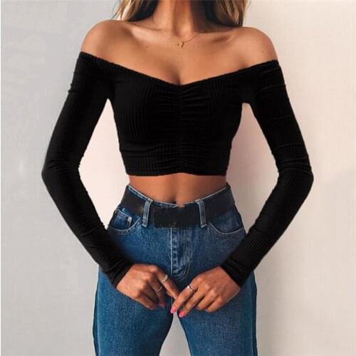 Summer Women T-shirts Sexy and Club Fashion Female T-shirt Long Sleeve Off Shoulder Solid Color Lady Tshirt Basic Tees