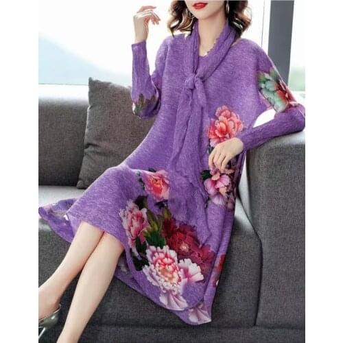 HOT SELLING Bring print long sleeve dress fashion fold take scarf o-neck dress IN STOCK