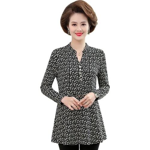 Houndstooth Print Fashion Womens Clothing Casual Loose V-neck Long Sleeves T-shirt Spring Autumn Tee Tops Mothers Pullover