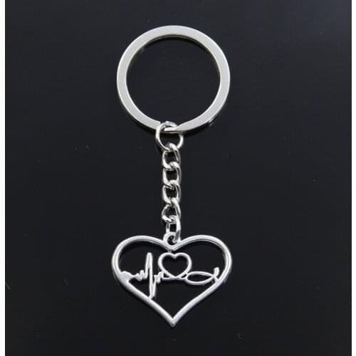 Fashion Keychain 25x31mm Heart ECG Heartbeat Love Silver Color Pendants DIY Men Jewelry Car Key Chain Ring Holder Souvenir Gift