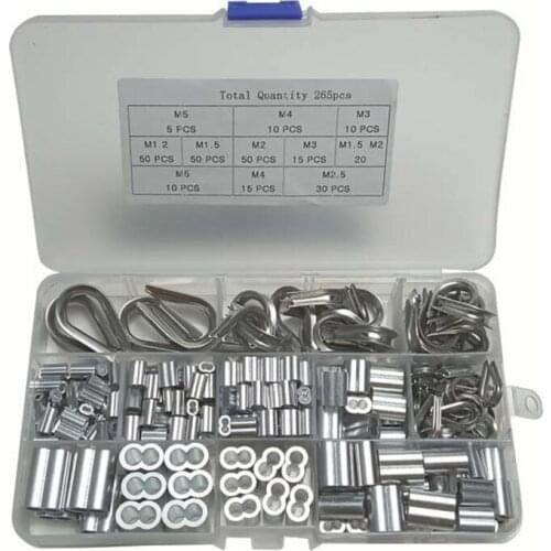 265 Pieces of 304 Stainless Steel Wire Cable Thimble Combination and Aluminum Crimping Ring Sleeve Sorting Kit