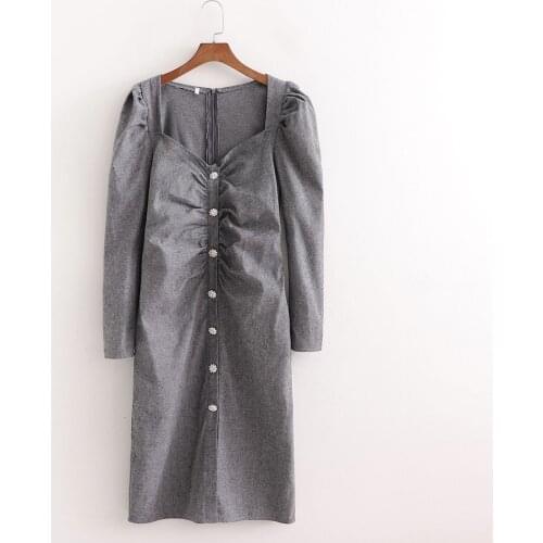 New Pop Women Dress Long Sleeves Midi Dress Rhinestone buttons Vogue Elegant Lady Chic Woman Dresses