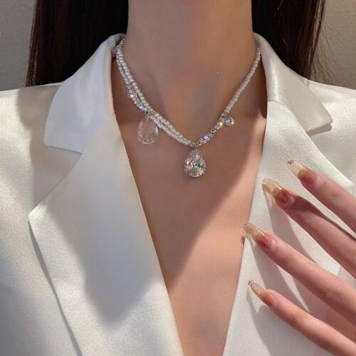 Imitation Pearl Choker Necklace Sweet Rhinestone Crystal Waterdrop Pendant Necklace for Women Wedding Party Fashion Jewelry Gift
