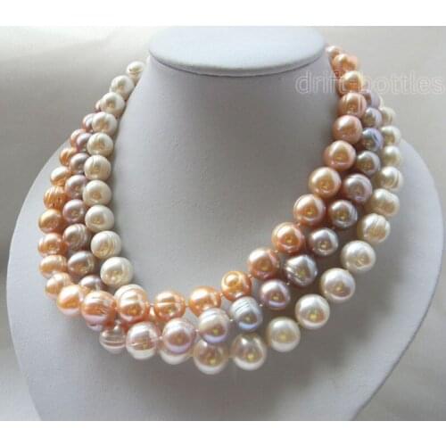 Natural 3Pieces 18''9- 10MM Round White Lavender Pink Freshwater Pearl Necklaces