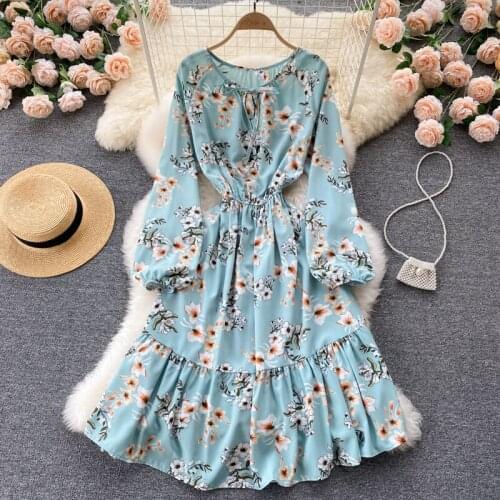 SINGREINY Women Sweet Floral Dress Puff Sleeve O Neck Ruffles A-line Dresses Autumn Elegant French Bohemian Print Vacation Dress