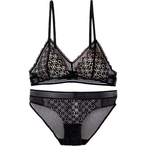 Sexy Hollow Out Lace Triangle Bra and Panties Set Underwear Soft Thin Cup Wireless French Bra Lingerie Women 2020 New