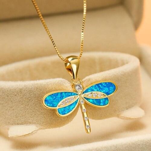 Luxury Simulated Opal Dragonfly Pendant Necklace For Women Vintage Crystal Animal Necklace Dragonfly Charm Wedding Jewelry