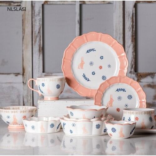 Nordic style Ceramic Dinner Plate Bowl Cup Tableware Cartoons Porcelain Salad Cake Plate Soup Bowl Milk Coffee cup Bakeware