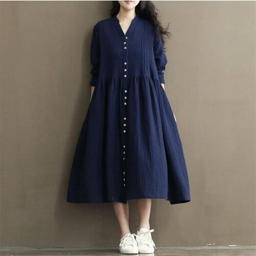 Spring Women Long Sleeve Cotton Linen Dress White Bat Sleeve Button Vintage Casual Ladies Loose Dresses Large Sizes Autumn