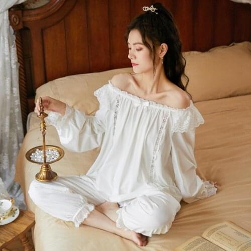 Spring Long Sleeve Pajamas Women Cotton White Retro Sleepwear Loose Plus Size Palace Lounge Wear Two Piece Embroidered Pyjamas