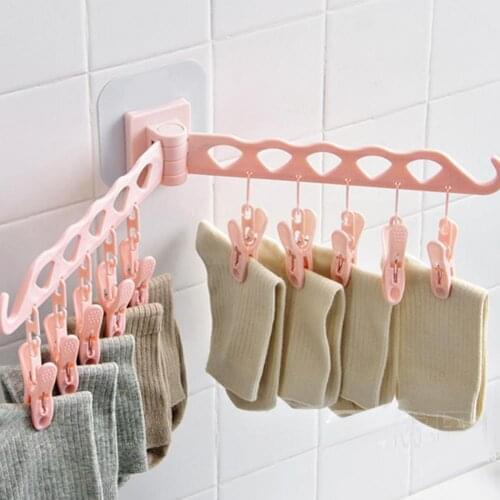 Rotate Cloth Hanger Wall Mount Multifunctional PP 10 Clip Plastic Underwear Drying Rack for Balcony Storage Rack Organzier