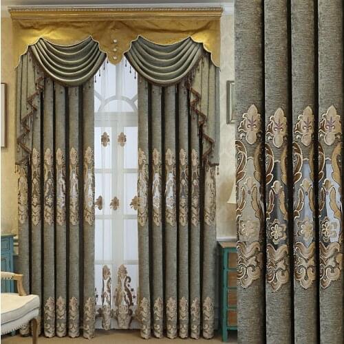 European style green living room chenille embroidered curtain finished customized bedroom window screen