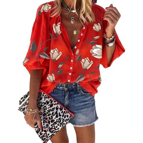 Plus Size Women Shirt Casual Loose Flower Print Turn-down Collar Casual Long Sleeve Loose Party Fashion Vintage Elegant Blouse