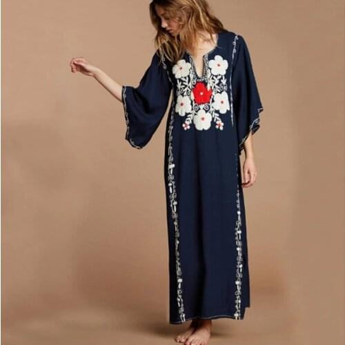 Boho Chic Dress Beach Sundress Mexican Embroidery Floral Frocks Loose Casual Female Dresses Summer 2019 Moroccan Kaftan AA4815