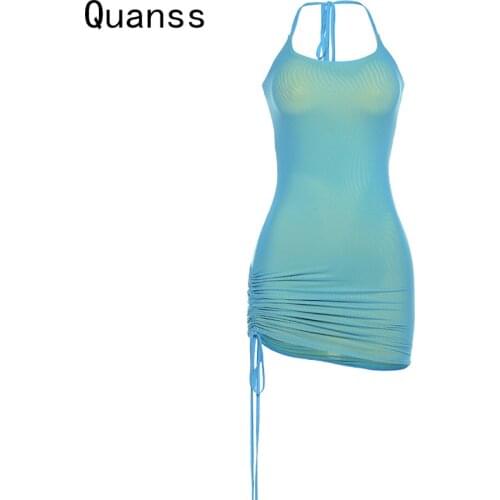 Quanss 2021 Summer Halter Double Layer Mesh Drawstring Mini Dress Women Bodycon Sleeveless Streetwear Sexy Club Party Outfits