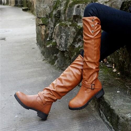 Winter Boots Ladies Knee-length High Boots Keep Warm New Fashion PU Leather Shoes Ladies Round Toe Heel Black Ladies Size 43