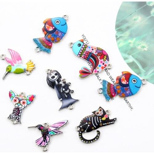 10pcs Animal Enamel Alloy Connectors Bracelets Dog Cat Fish Charms For DIY Necklace Accessories Fashion Jewelry Finding Gifts