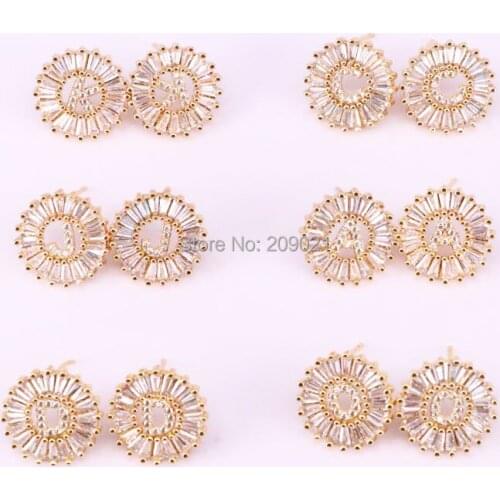 8pair New design jewelry round shaped mirco pave cz A-Z Letter Stud Earrings,Wholesale cz initials earring for sale