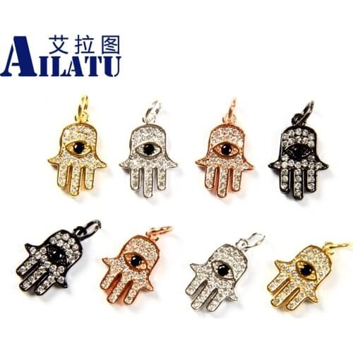 Ailatu Free Shipping 10pcs/lot Hamsa Hand Charms with Clear Cz and Black Eyes for DIY Fashion Bracelet Men