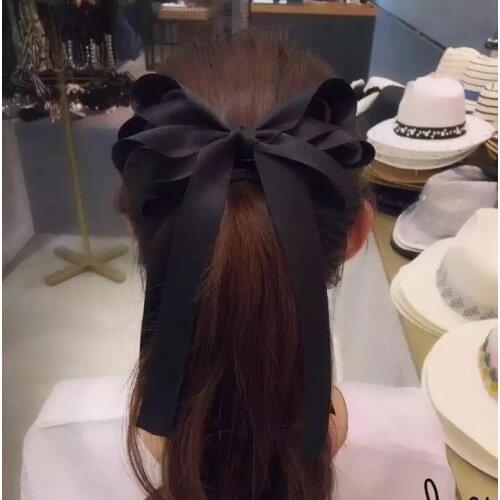 Hair accessories Black solid color ribbon big bow hairpin, long tassels and big streamers hair accessories headdress